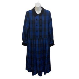 Vintage 80s FADS Women's Plaid Collard Midi Dress Long Sleeve Blue/Black Size 8P